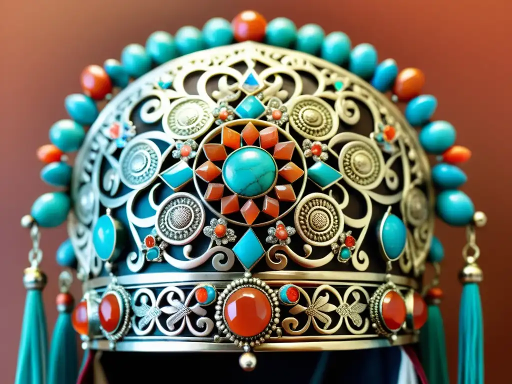 Detallada orfebrería mongola en headdress de plata con gemas turquesa y coral, simbolizando la rica tradición de joyería en la estepa