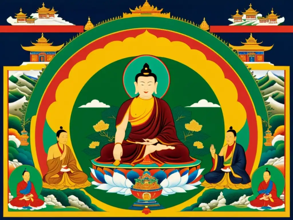 Detallada pintura thangka muestra influencia del Budismo tibetano en el encuentro con Khanes mongoles, capturando solemnidad y grandeza histórica