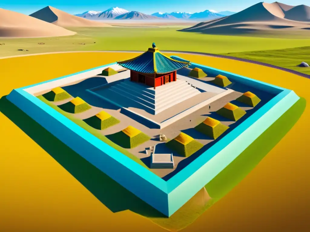 Reconstrucción 3D detallada de sitio arqueológico del Imperio Mongol con realce de realidad aumentada, integrando artefactos históricos