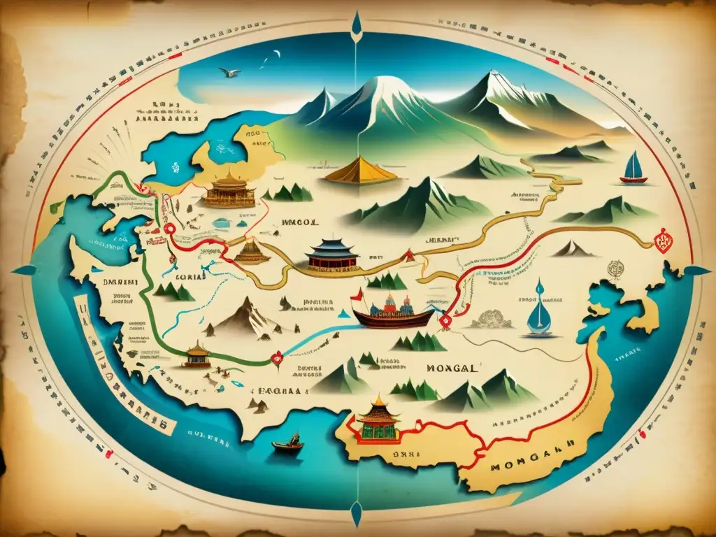 Detallado arte de la navegación mongola en un antiguo mapa en pergamino con rutas comerciales, ilustraciones de transporte y símbolos celestiales