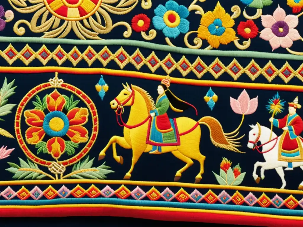 Detallado bordado del arte femenino en el Imperio Mongol, muestra escenas coloridas de la vida diaria y criaturas míticas
