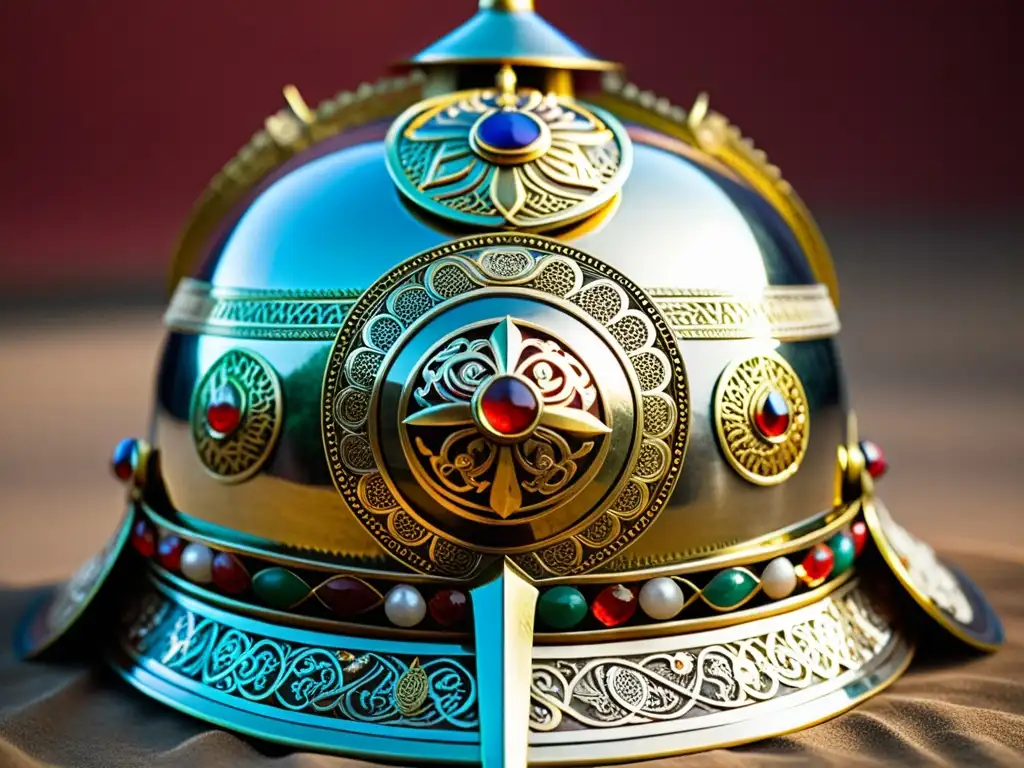 Detallado casco de guerrero mongol con iconografía en el Imperio Mongol, reflejando su poder y arte en metal y piedras preciosas