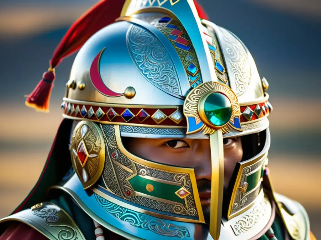 Detallado casco de guerrero mongol con adornos y piedras preciosas reflejando la maestría y cultura en la armadura y armas mongoles