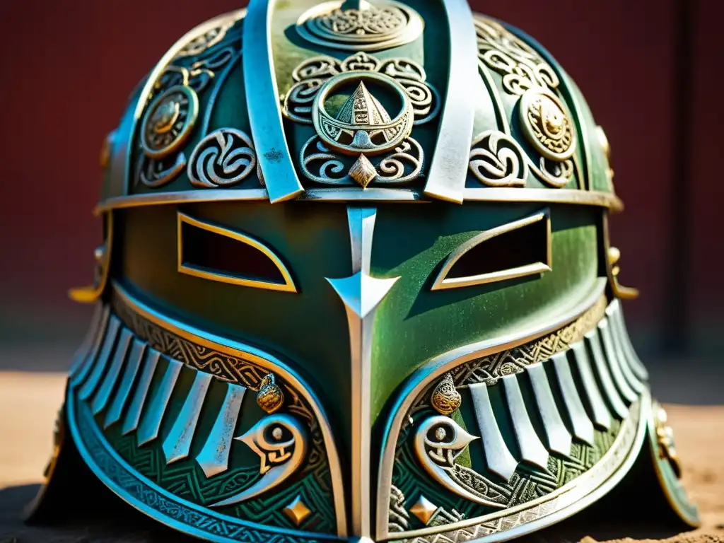 Detallado casco guerrero mongol con patina antigua, símbolos del Imperio y marcas de batalla, evocando autenticidad y historia