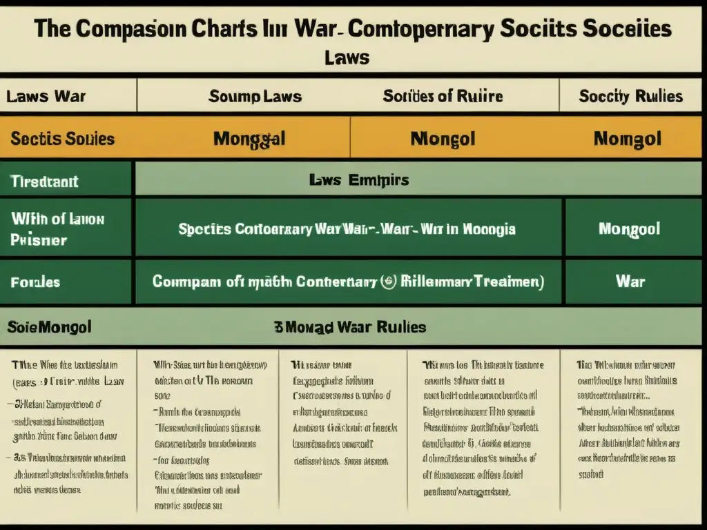 Detallado cuadro comparativo de leyes de guerra del Imperio Mongol y sociedades contemporáneas, con ilustraciones históricas