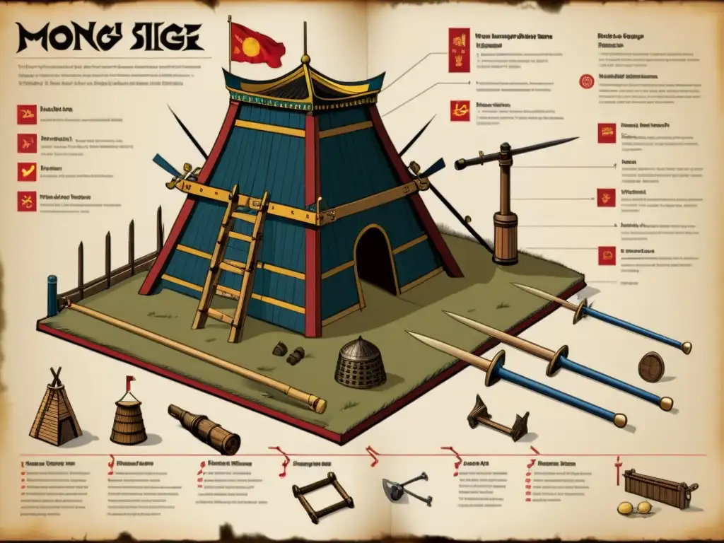 Detallado diagrama de técnicas de asedio en arquitectura mongola, mostrando trebuchets, arietes, torres de asedio y otros equipos especializados