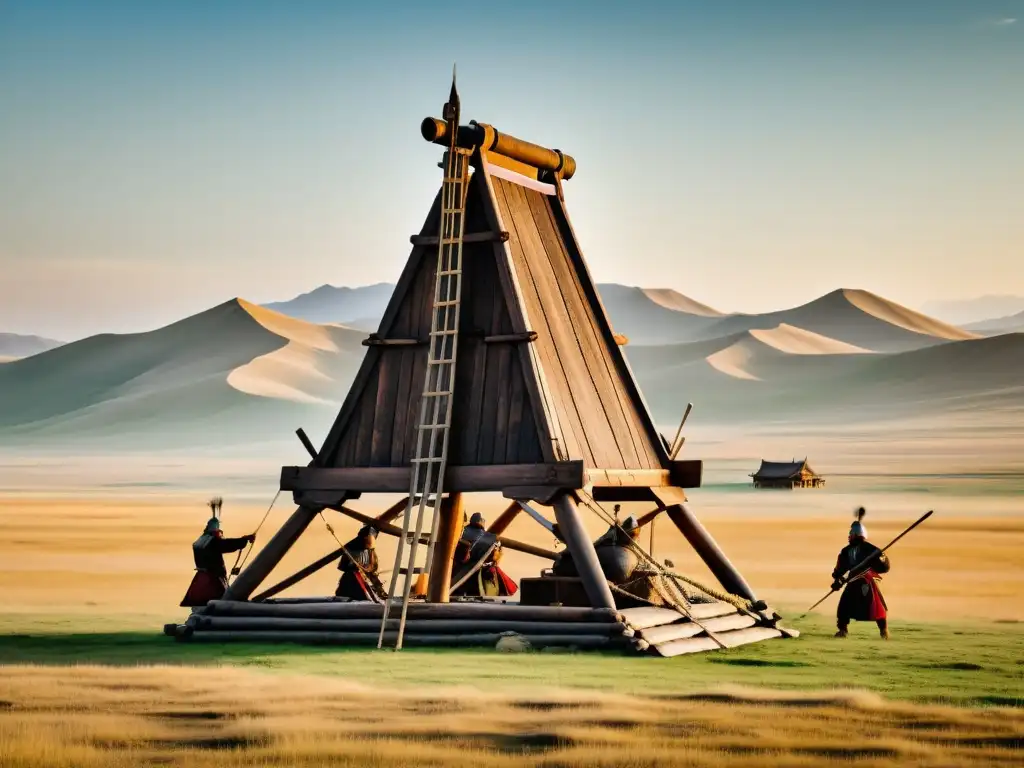 Un detallado y fascinante trebuchet mongol, operado por guerreros en la estepa, evocando la estrategia y belleza de la arquitectura militar mongola