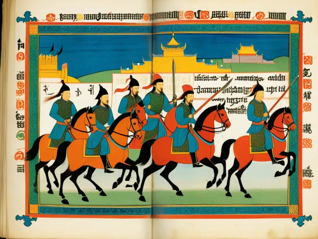 Detallado manuscrito europeo del siglo XIII muestra escenas de guerreros mongoles a caballo, armaduras y armas ilustradas