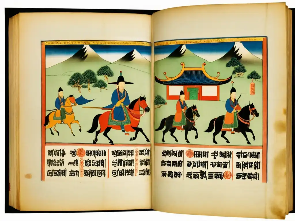 Detallado manuscrito mongol revelando verdades y mitos sobre la vida de los Khanes, mostrando su riqueza cultural y sofisticación