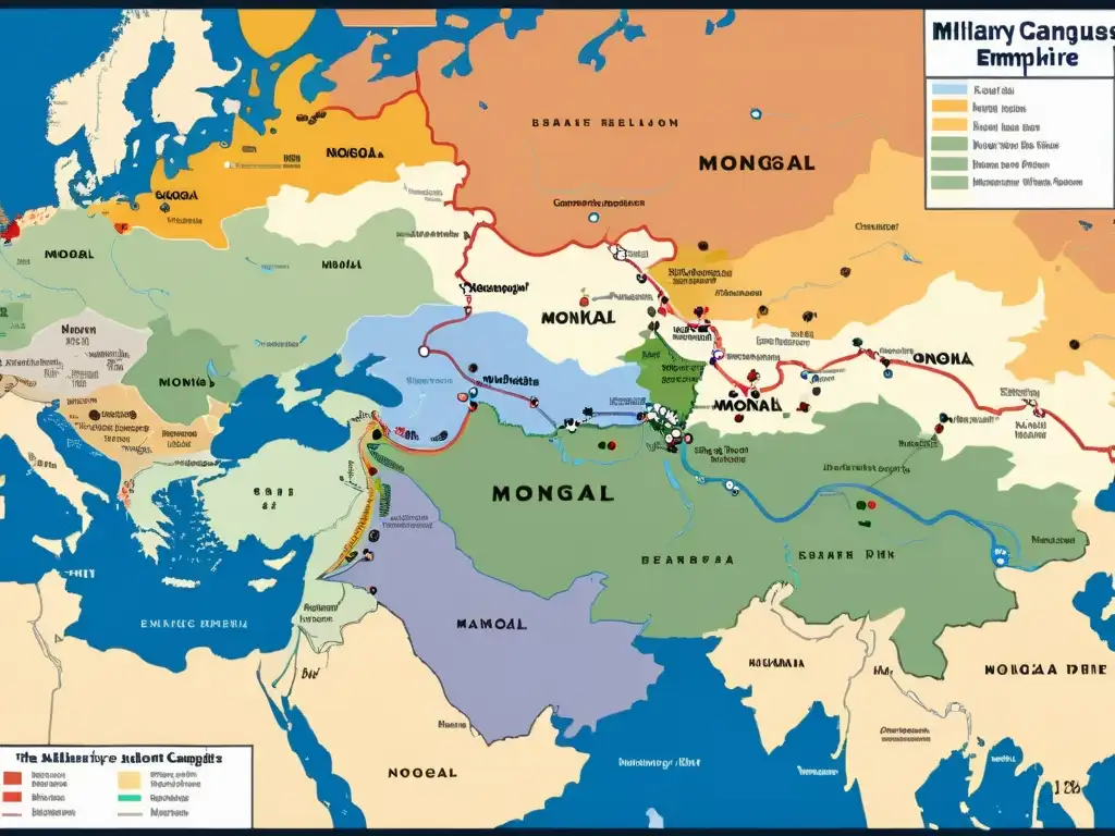 Detallado mapa en alta resolución del Imperio Mongol, mostrando sus campañas militares y errores estratégicos