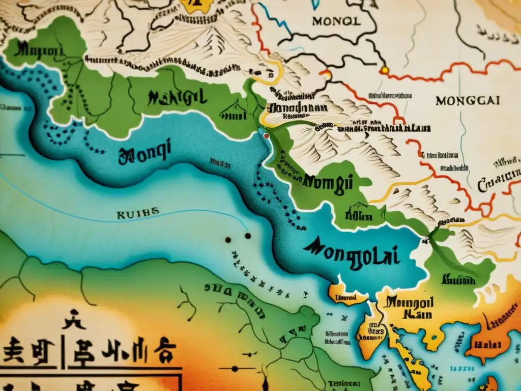 Detallado mapa antiguo del Imperio Mongol, con la descendencia Chagatai Khan, muestra su gloria a través de intrincada caligrafía y colores vibrantes