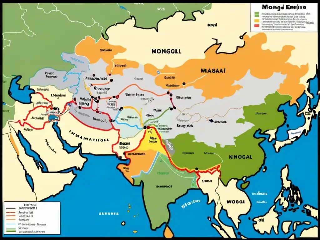 Detallado mapa del apogeo del Imperio Mongol con fronteras, ciudades clave y rutas comerciales marcadas en colores vibrantes