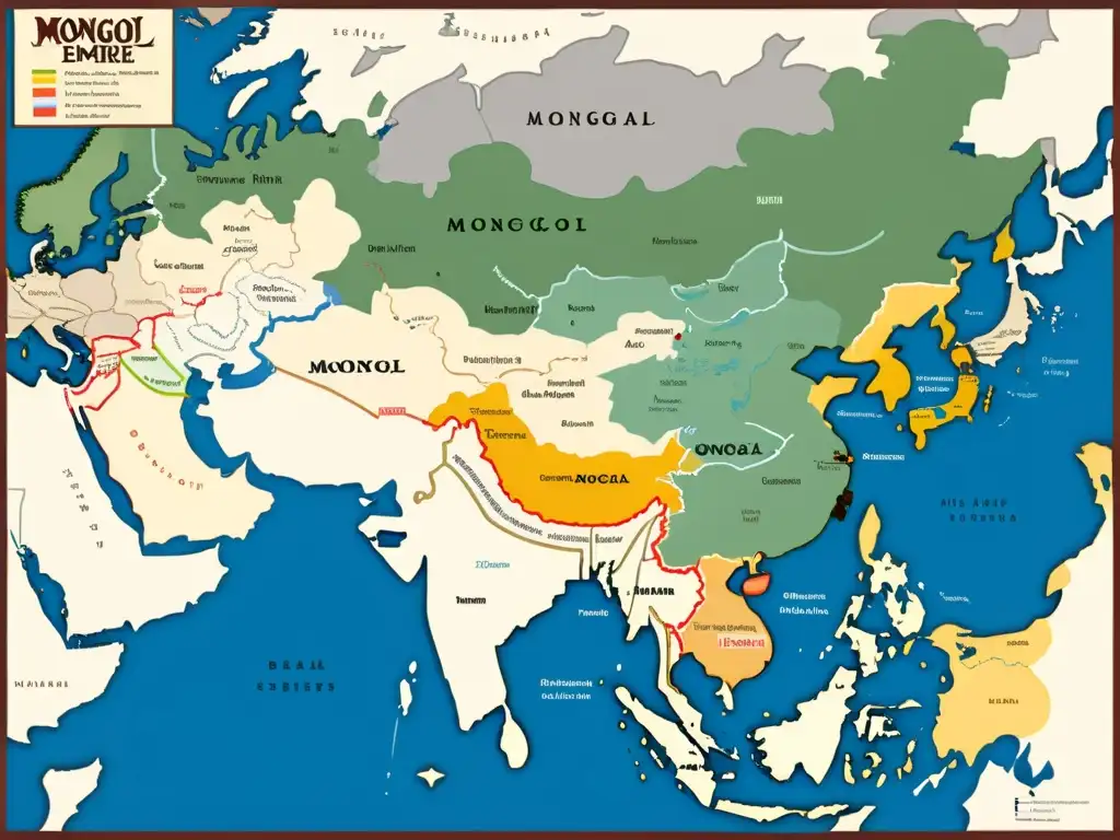 Detallado mapa del apogeo del Imperio Mongol, con la expansión territorial de Genghis Khan y sus sucesores plasmada en tonos y anotaciones, mostrando la historia de su expansión