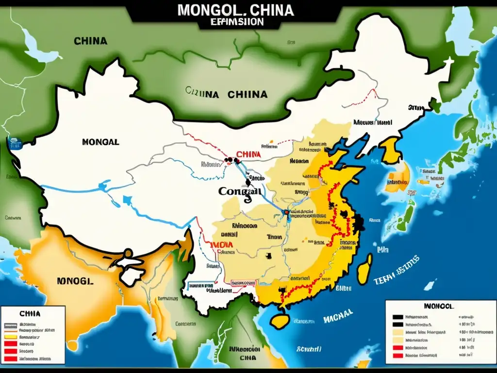 Detallado mapa de la expansión mongola en China, destacando movimientos de tropas y territorios conquistados