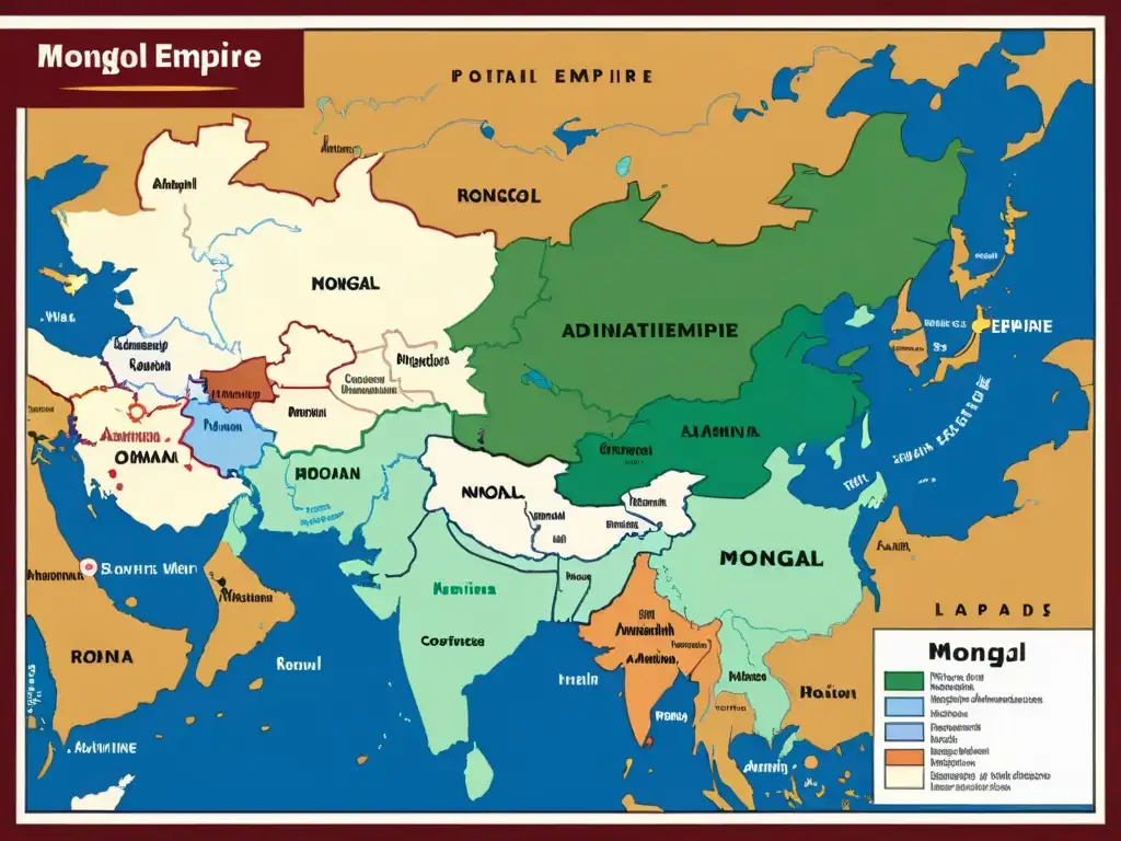 Detallado mapa comparativo de los Imperios Mongol y Romano, mostrando estructuras políticas y administrativas