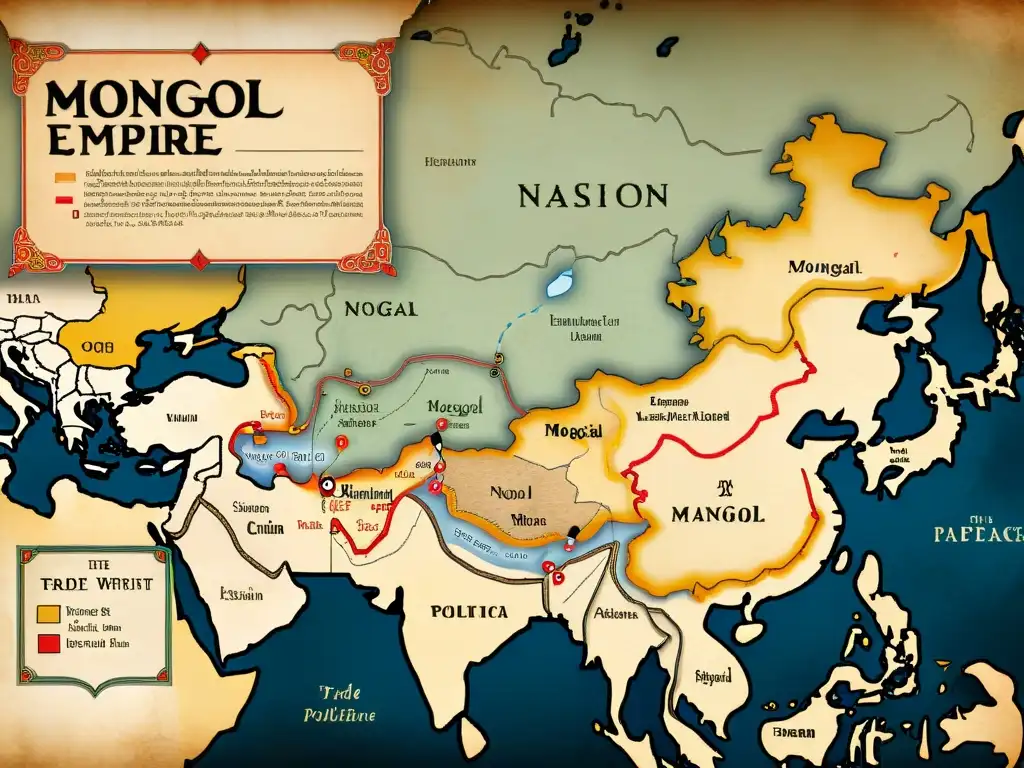 Detallado mapa del declive del Imperio Mongol con influencias internas y externas, rutas comerciales e invasiones