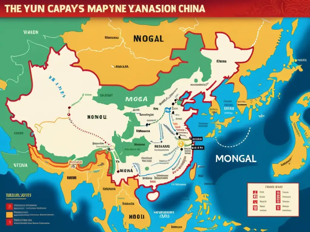 Detallado mapa de la expansión de la Dinastía Yuan en China, mostrando la fusión de culturas mongola y china