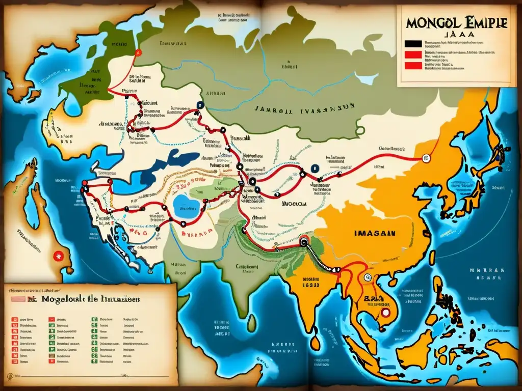 Detallado mapa documental de las invasiones mongolas a Japón y otras expediciones militares de la época, evocando historia y análisis académico