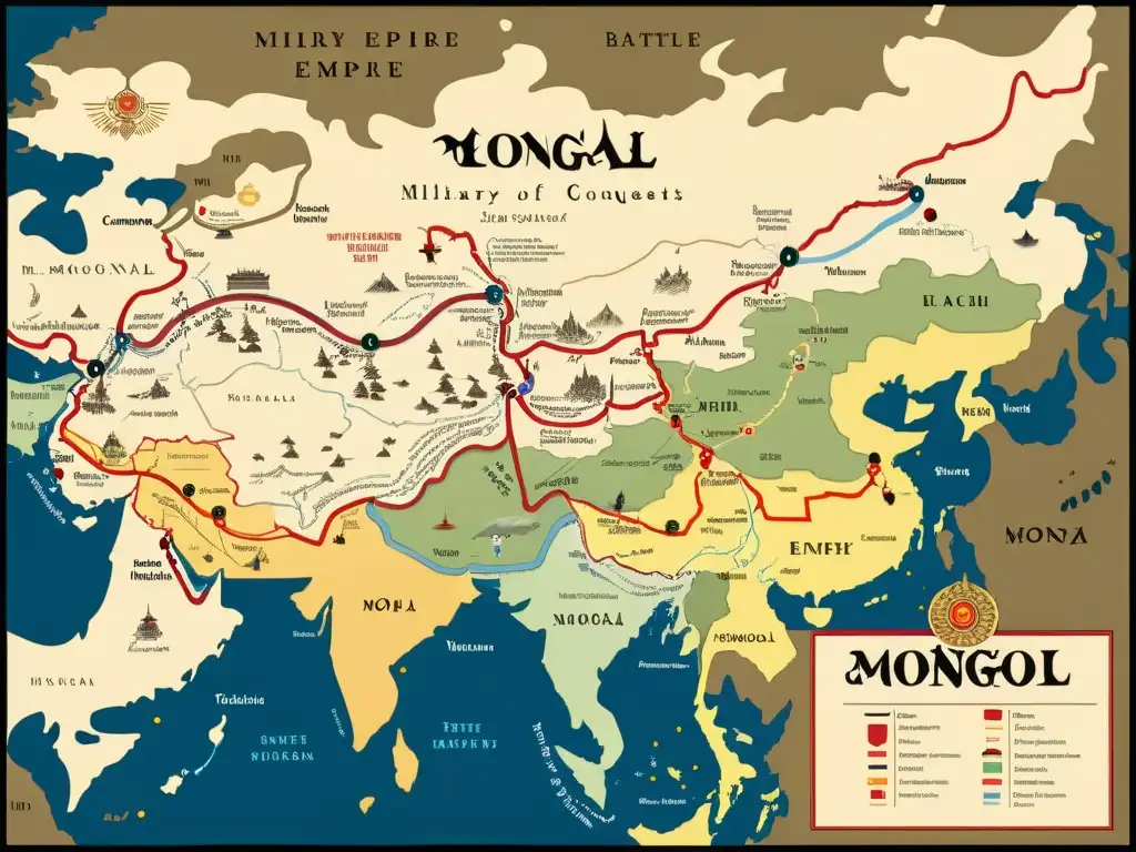 Detallado mapa de estrategias militares del Imperio Mongol, con ilustraciones de batallas, movimientos de tropas y ubicaciones estratégicas