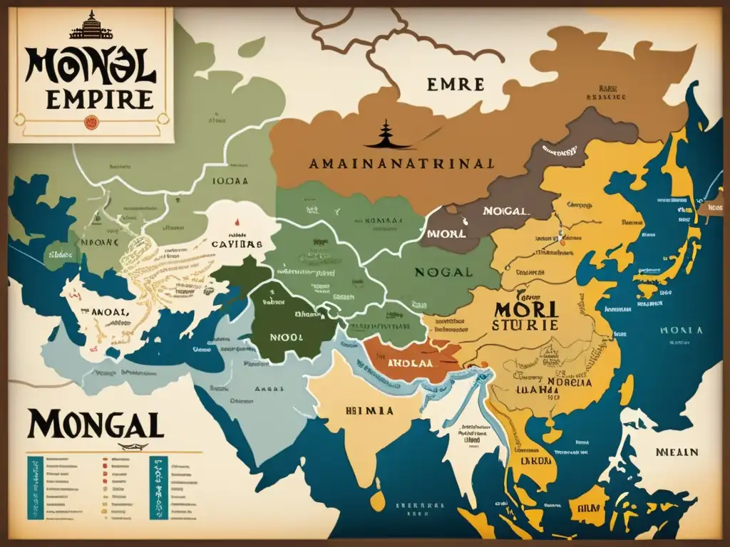 Detallado mapa del extenso Imperio Mongol en tonos terrosos y caligrafía, exudando significado histórico y complejidad en su administración