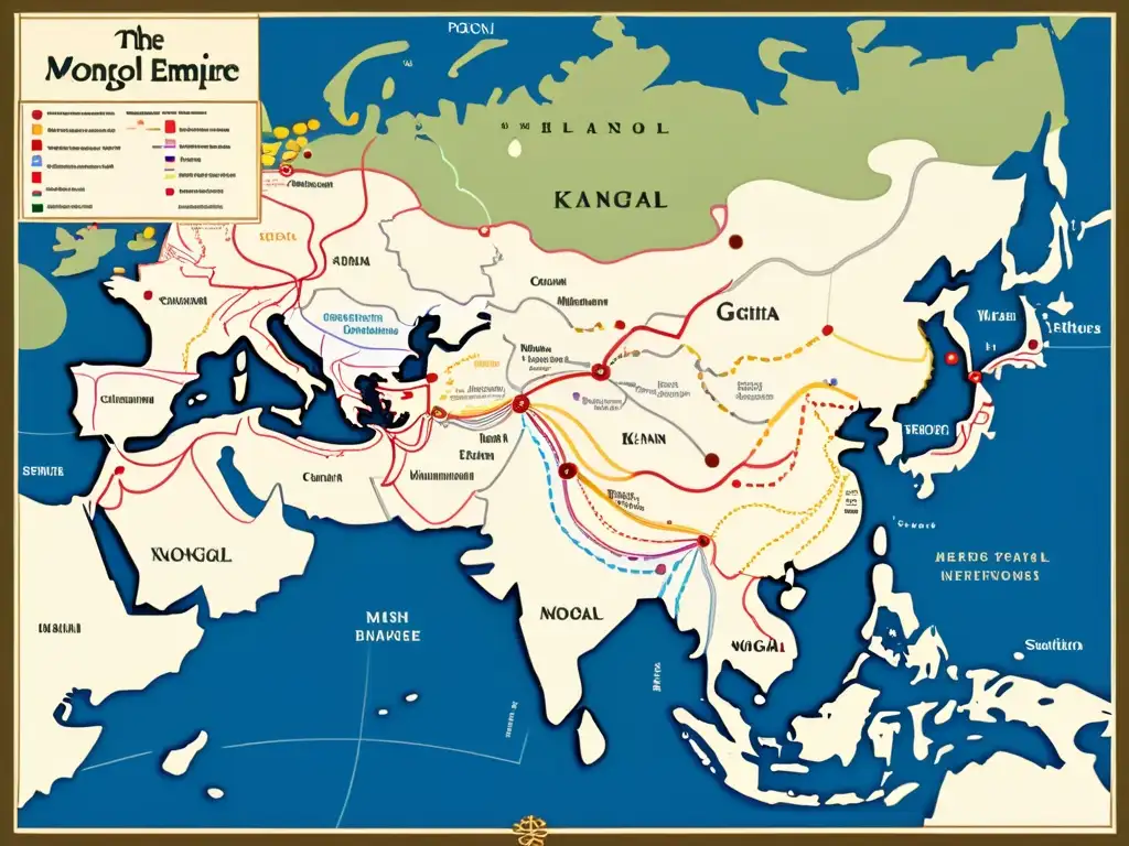 Detallado mapa del extenso sistema postal del Imperio Mongol, mostrando rutas y estaciones de relevo