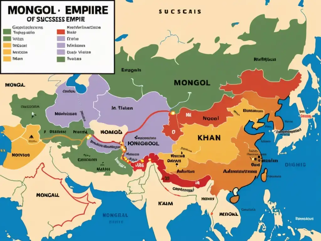 Detallado mapa de los extensos territorios controlados por los sucesores del Imperio Mongol, con marcaciones estratégicas y divisiones administrativas