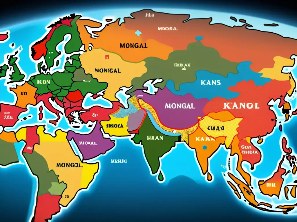 Detallado mapa histórico de las alianzas estratégicas Khanes mongoles, con ilustraciones vibrantes de rutas comerciales y conexiones diplomáticas