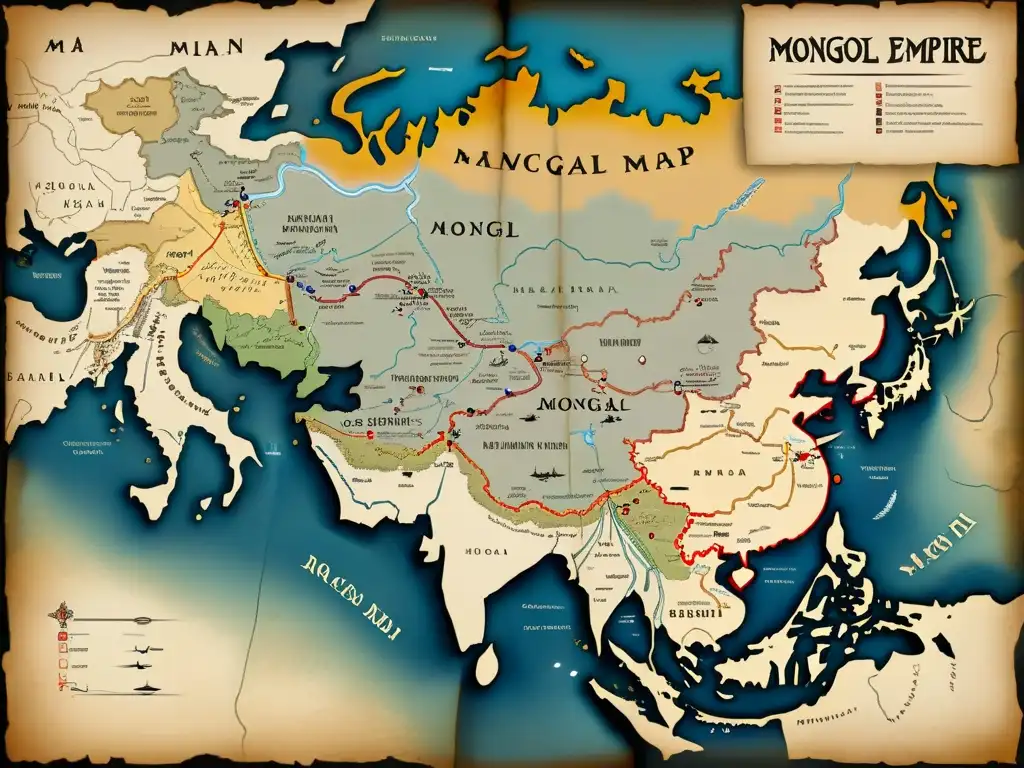 Detallado mapa histórico de estrategias militares mongolas contra islam, con movimientos de tropas y batallas