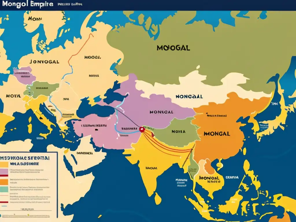 Detallado mapa histórico del expansivo Imperio Mongol, mostrando su influencia diplomática en el mundo con rutas comerciales y centros políticos