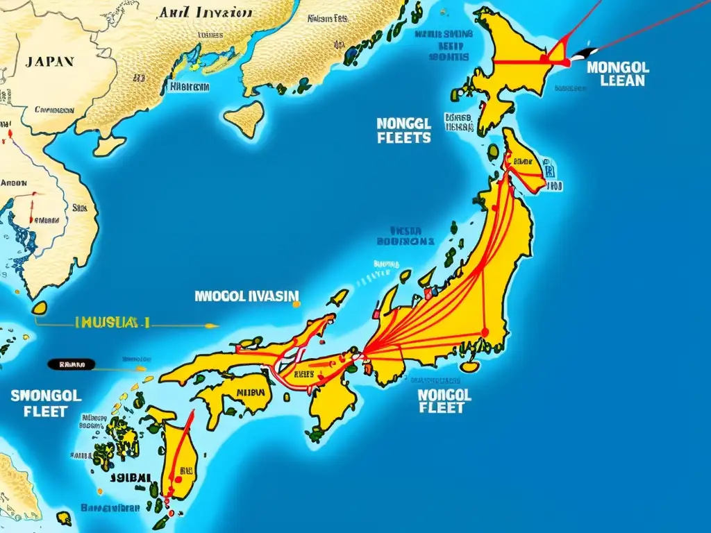 Detallado mapa histórico de las invasiones mongolas a Japón, con rutas y flechas destacadas, mostrando eventos y batallas clave