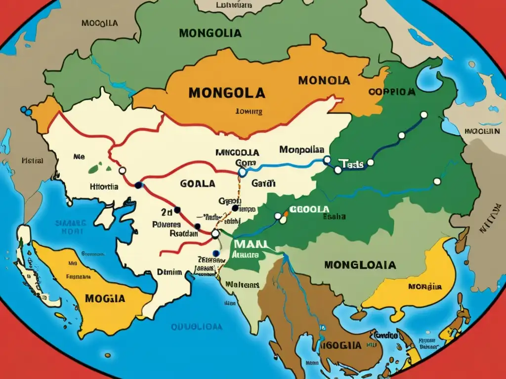 Detallado mapa histórico de Mongolia, con alianzas, rutas comerciales y fronteras