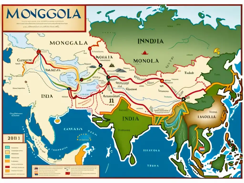 Detallado mapa histórico de las rutas comerciales entre Mongolia e India, con ilustraciones de caravanas, barcos y mercancías, mostrando la interconexión y conflictos de sus relaciones comerciales