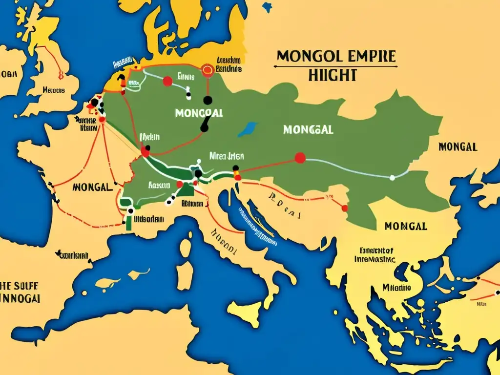 Detallado mapa del Imperio Mongol en su apogeo, con rutas y efecto de campañas militares en Europa, evocando su impacto histórico