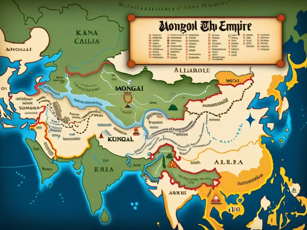 Detallado mapa del Imperio Mongol mostrando la rivalidad entre Kublai Khan y Ariq Böke