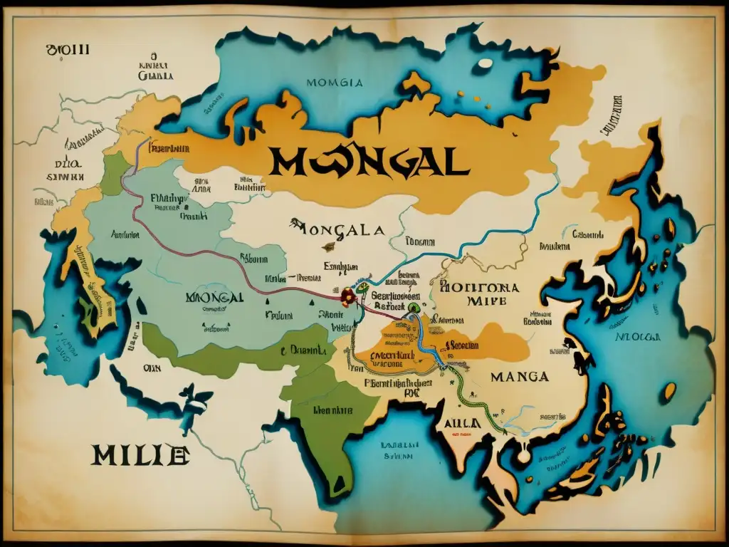 Un detallado mapa del Imperio Mongol en 8k, con rutas comerciales y límites territoriales