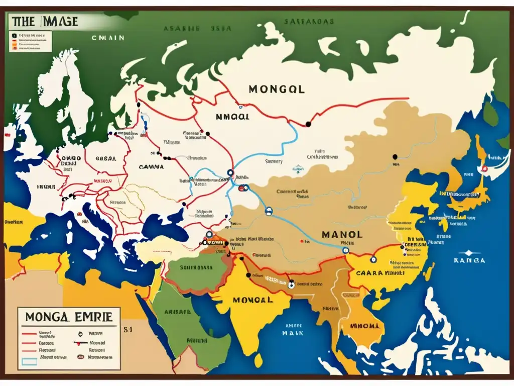 Detallado mapa del Imperio Mongol resaltando rutas comerciales y seguridad