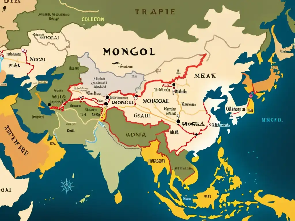 Detallado mapa del Imperio Mongol en su apogeo, con rutas comerciales, tributos y llamativos detalles históricos