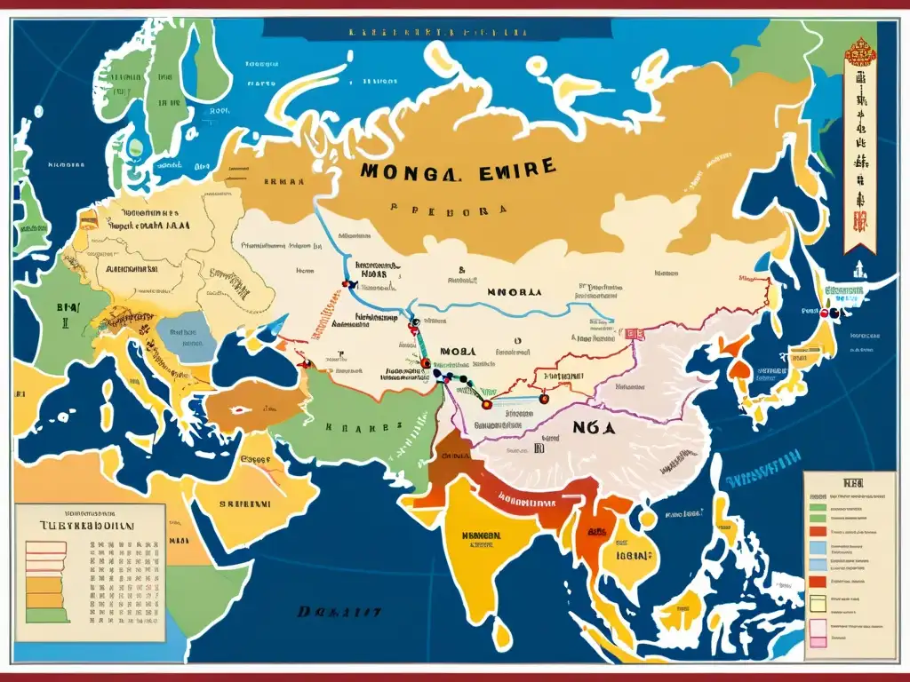 Detallado mapa del Imperio Mongol con influencias lingüísticas, mostrando la diversidad de idiomas y escrituras