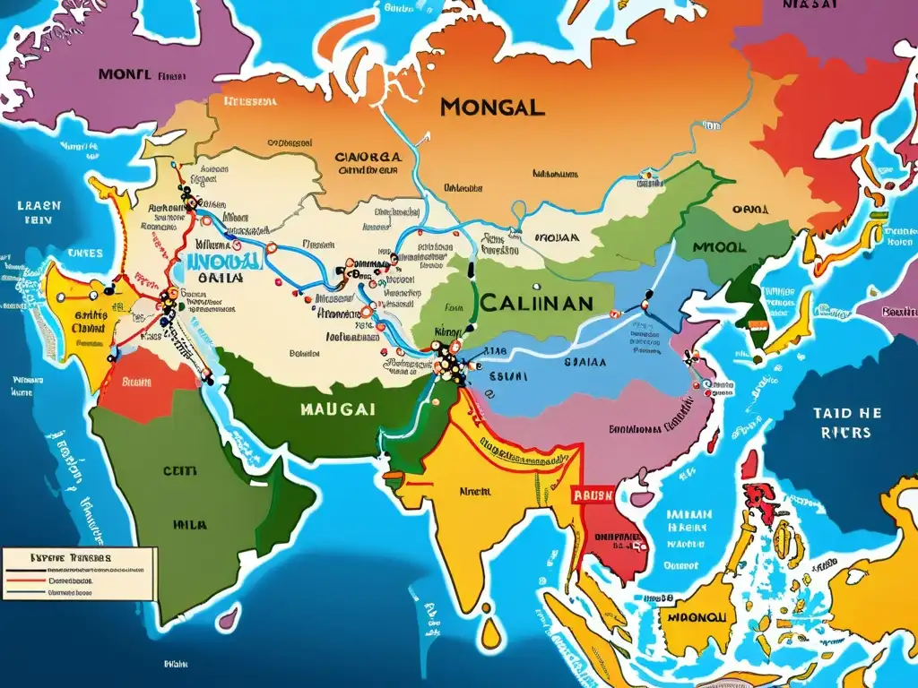 Detallado mapa del Imperio Mongol en Medio Oriente, resaltando rutas comerciales, ciudades clave y puestos militares estratégicos