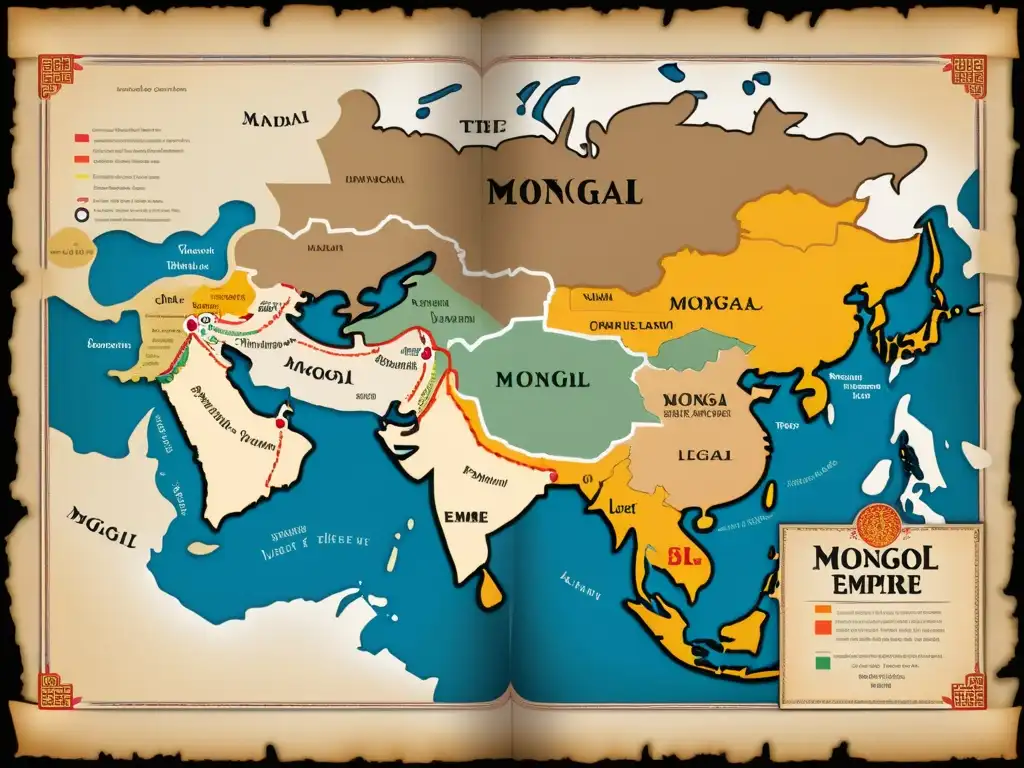 Detallado mapa del Imperio Mongol con adaptación legal en diferentes regiones, evocando complejidad de leyes mongolas