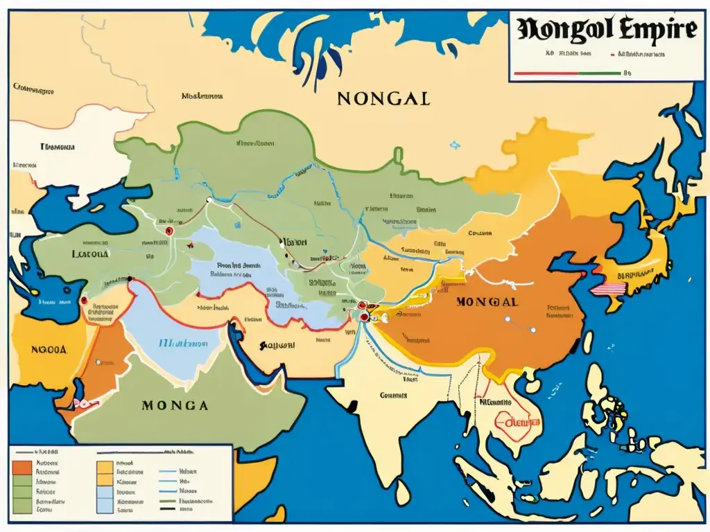 Detallado mapa del Imperio Mongol en tiempos de Genghis Khan, con unificación de tribus y estrategias militares