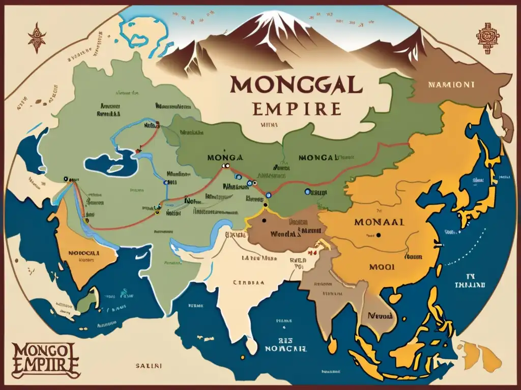 Detallado mapa del Imperio Mongol en su apogeo, con rutas comerciales, conquistas e influencias culturales