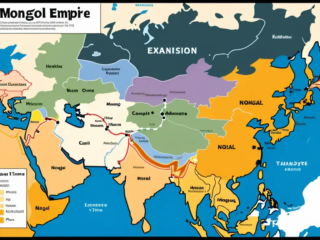 Detallado mapa de la transformación del Imperio Mongol, con ciudades clave, rutas de conquista y cambios territoriales marcados