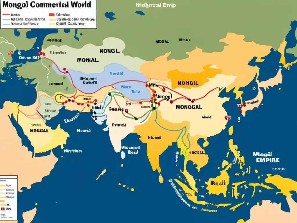 Mapa detallado: Comercio de la Ruta de la Seda del Imperio Mongol Detallado mapa del Imperio Mongol y la Ruta de la Seda, mostrando la extensa red de comercio y cultura en la era medieval