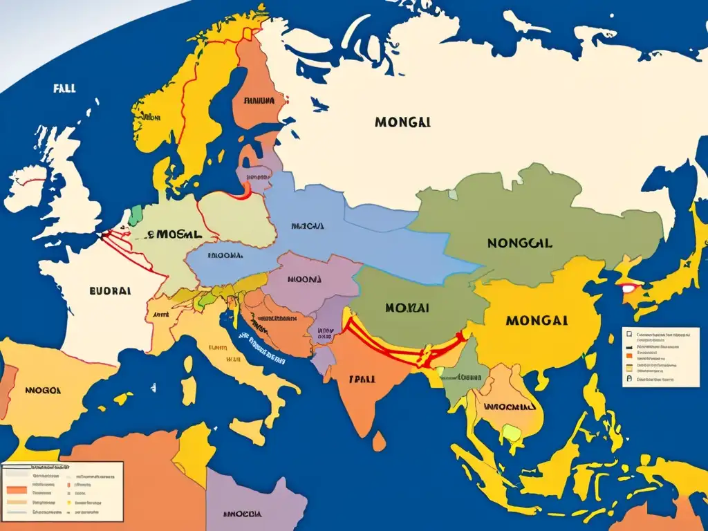 Detallado mapa de Eurasia que muestra el legado del Imperio Mongol en Eurasia con cambios territoriales y dinámicas de poder