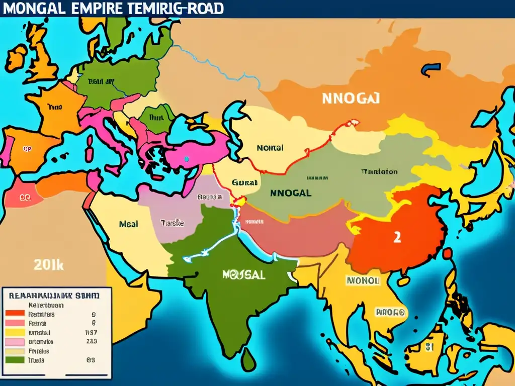 Detallado mapa del legado de Genghis Khan en rutas comerciales, con expansión del imperio mongol, caravanas y bienes a lo largo de la Ruta de la Seda