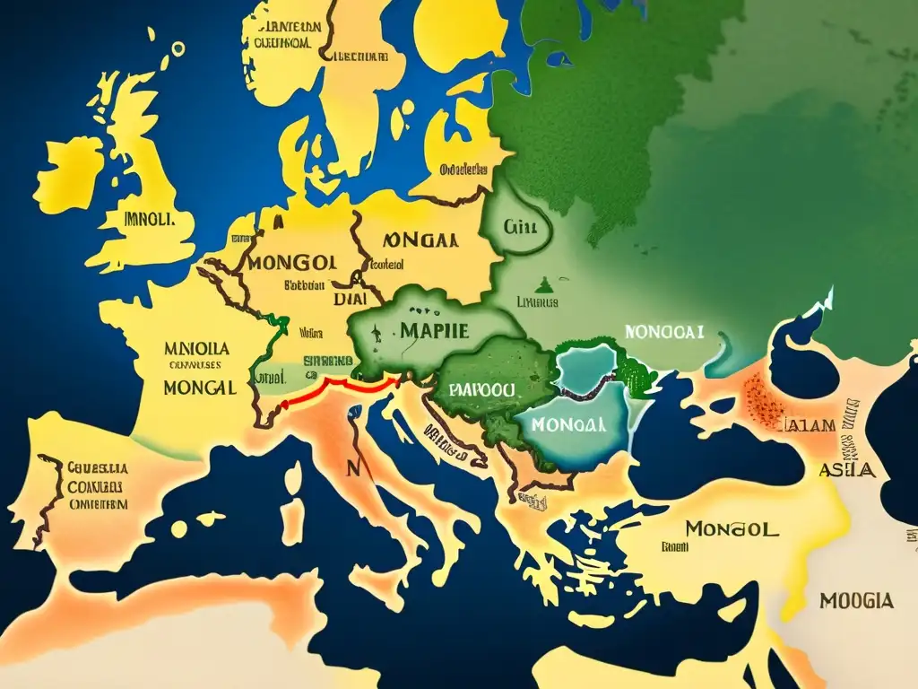 Detallado mapa medieval europeo con influencia mongola, rutas comerciales y conquistas militares, en colores vibrantes