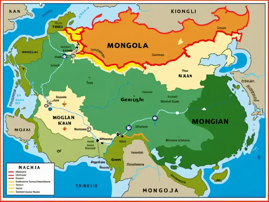 Detallado mapa de Mongolia en la época de Genghis Khan, con ilustraciones de las tribus y estrategias de unificación