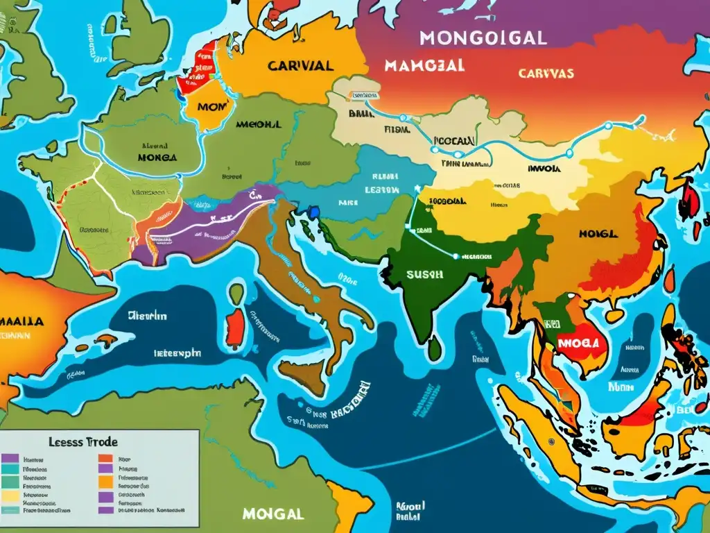 Detallado mapa de las rutas comerciales menores del Imperio Mongol, con colores vibrantes y complejas ilustraciones de caravanas y barcos