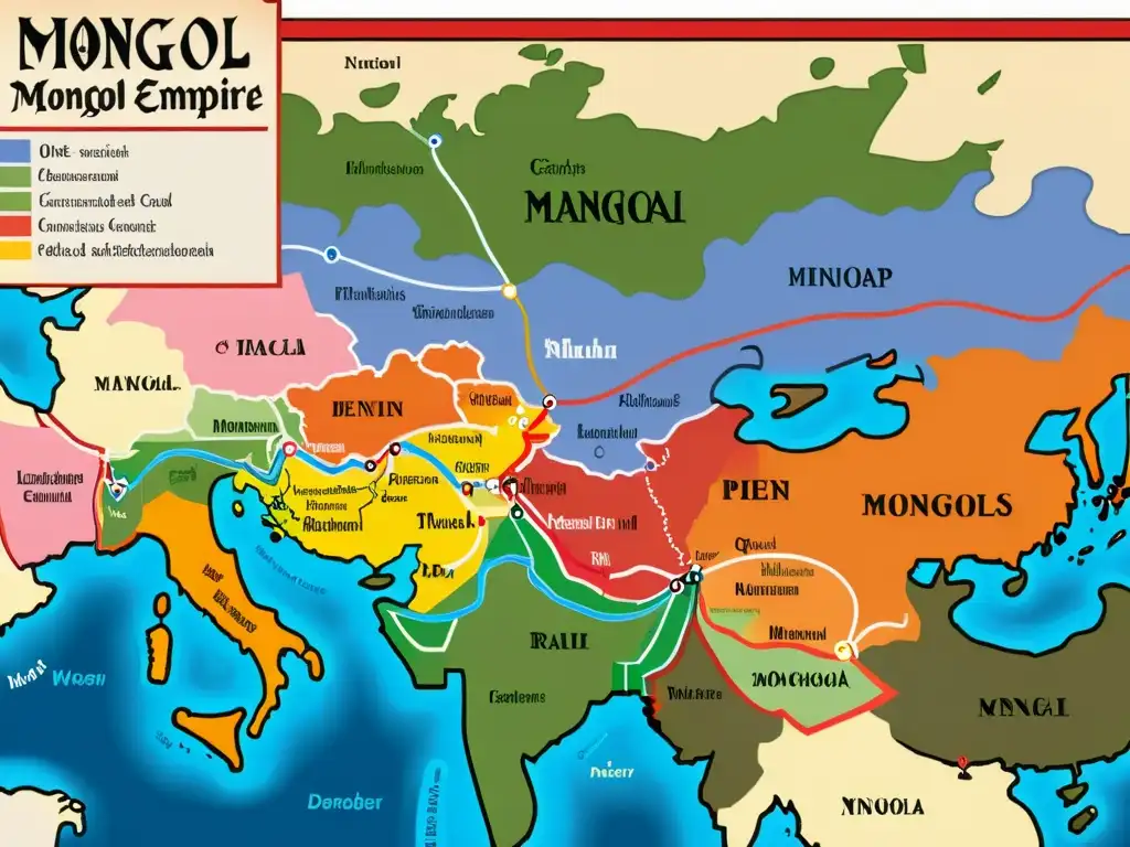 Detallado mapa de rutas comerciales menores del Imperio Mongol, con colores vibrantes y anotaciones detalladas sobre bienes y mercancías